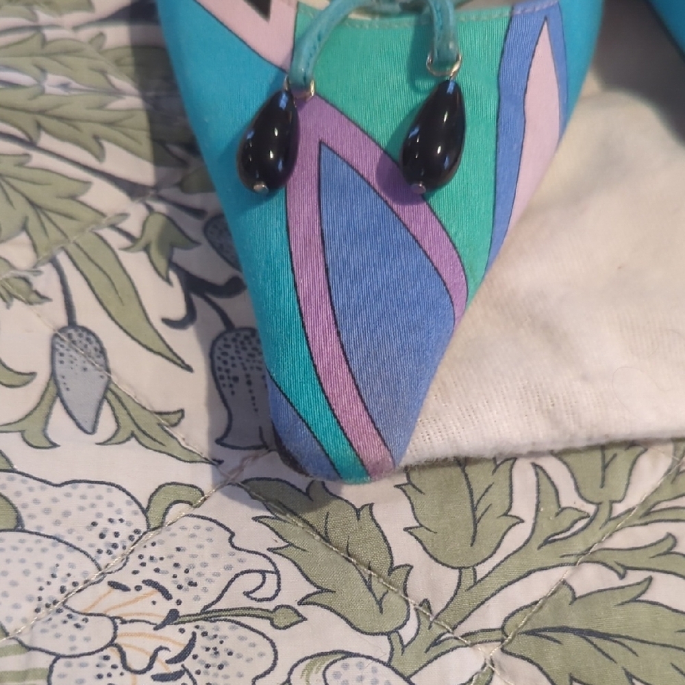 Emilio Pucci Silk Blue and Green Patterned Mules - Picture 8 of 10